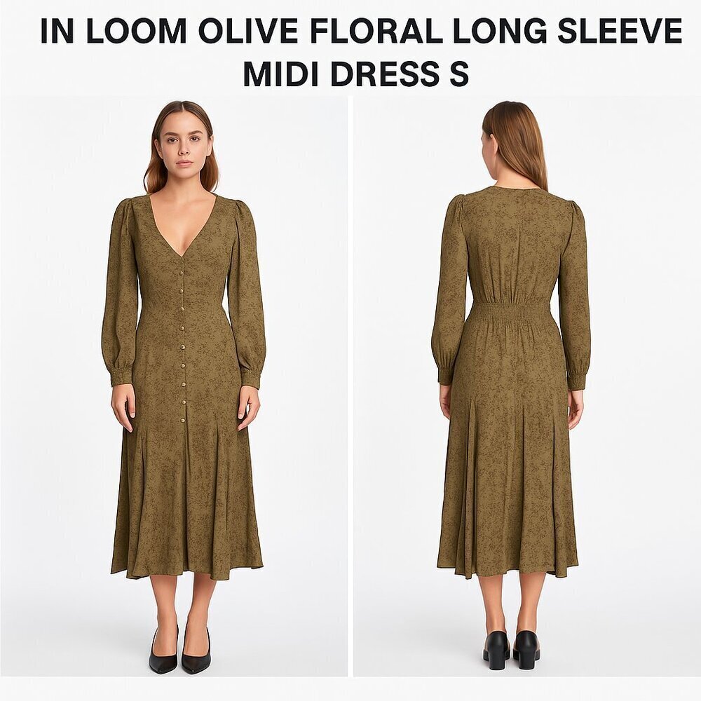 IN LOOM OLIVE FLORAL LONG SLEEVE MIDI DRESS S